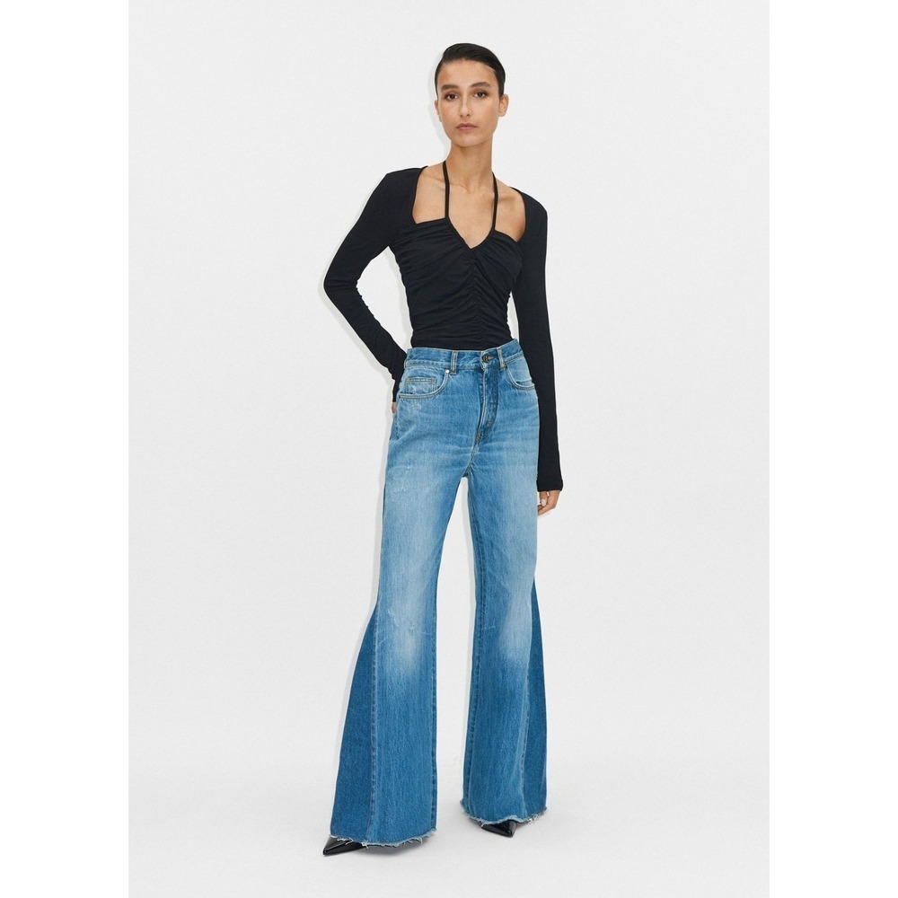 ME+EM Split Seam Flare Jeans Blue Multi Wash Regular Length Wide Leg Size 32